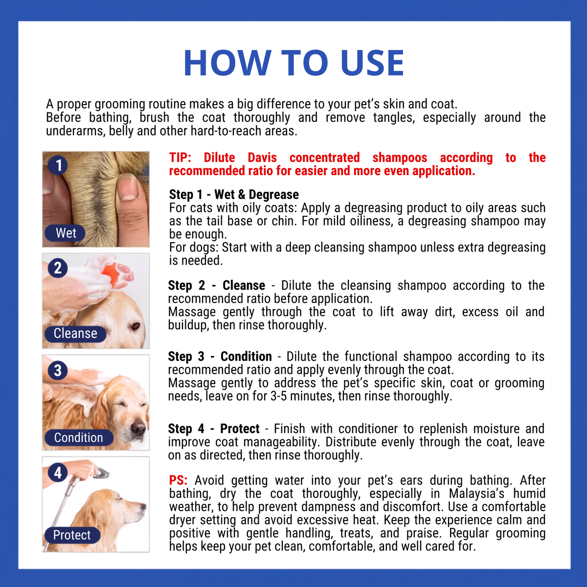 Davis how to use: four bathing steps - wet and degrease, cleanse, condition, protect