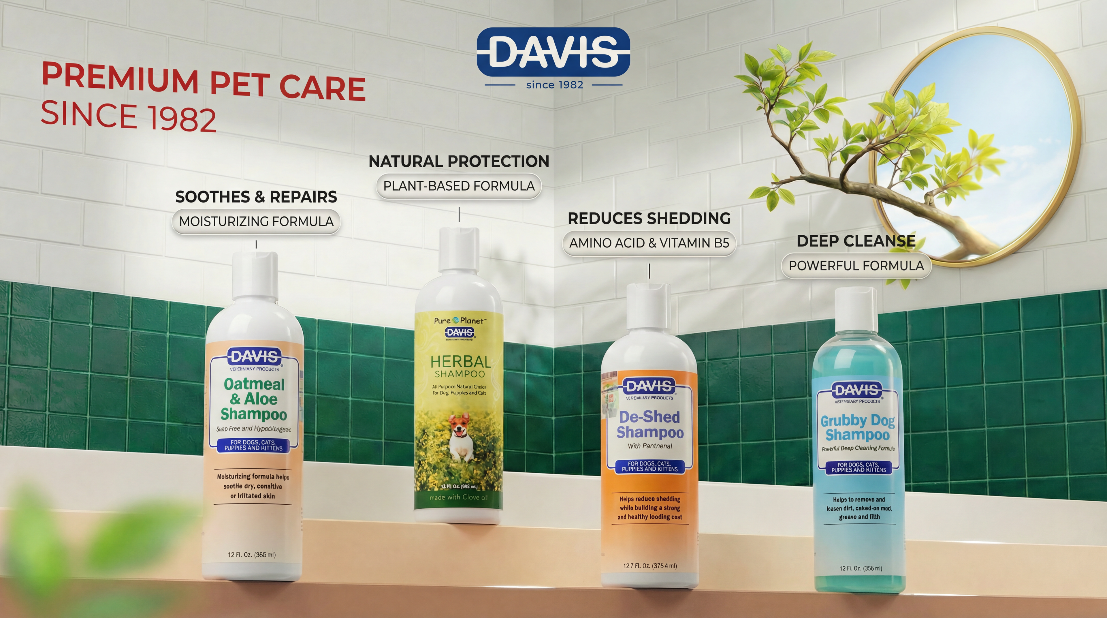 Davis pet care products including shampoos on a bathroom counter with a green tiled wall.